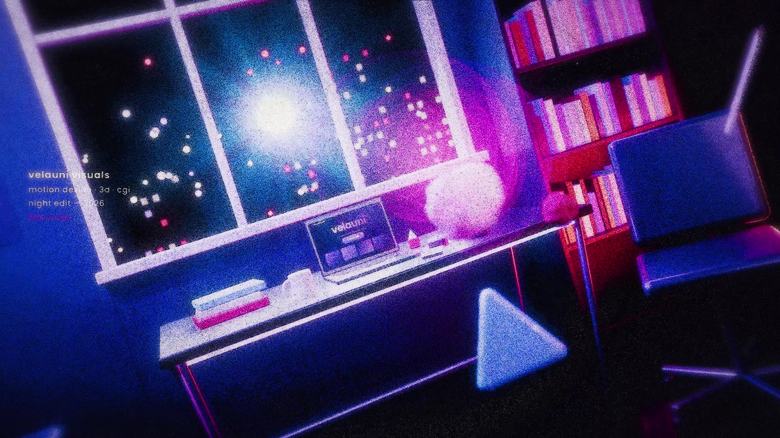 night room with a window full of city lights and a desk