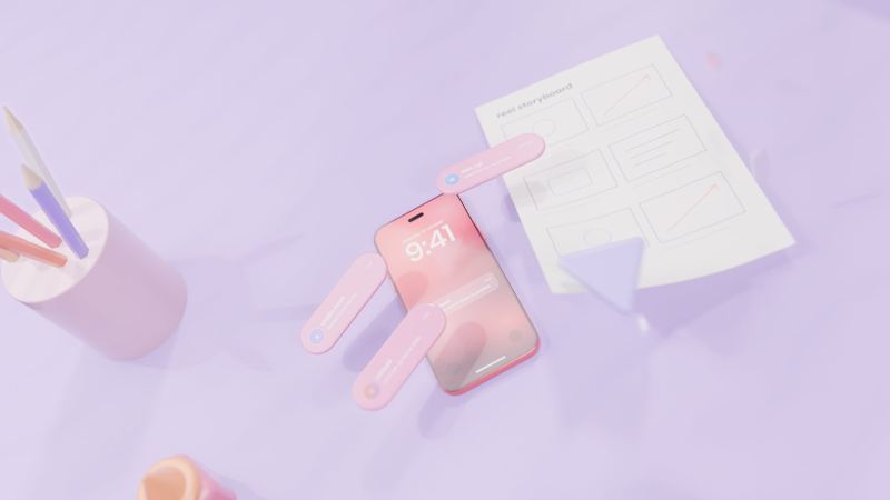 phone with glass notification pills on a lilac desk