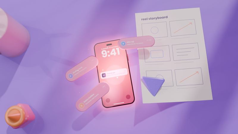 pastel desk with a phone and floating notification cards