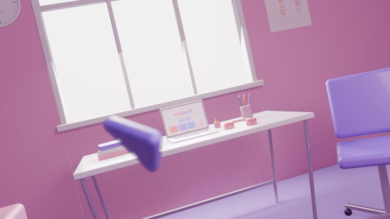 pastel room with a desk, laptop and a 3d cursor